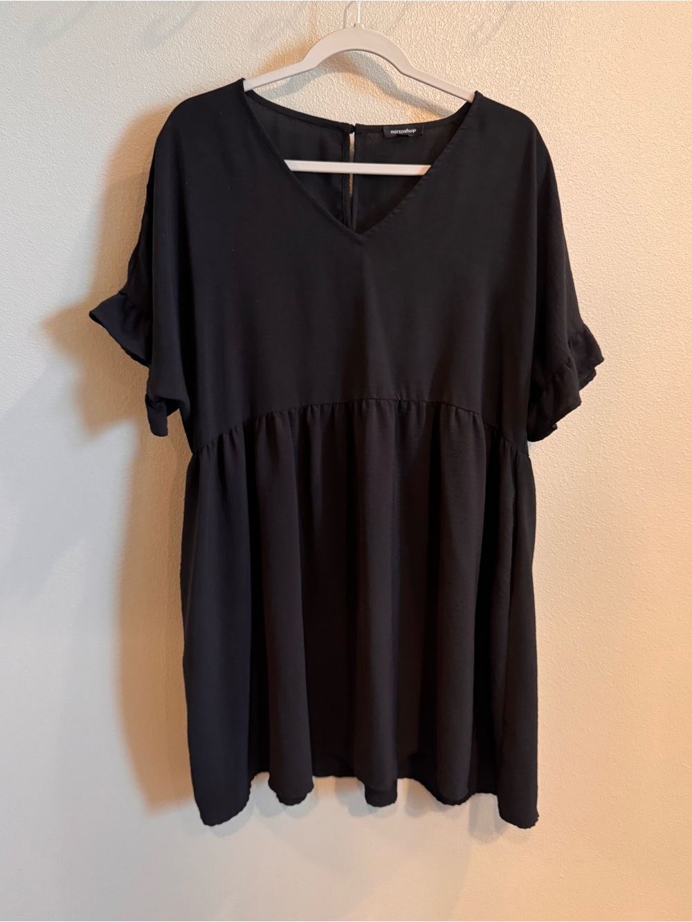 mittoshop Black V-Neck Babydoll Dress with Ruffle Sleeves